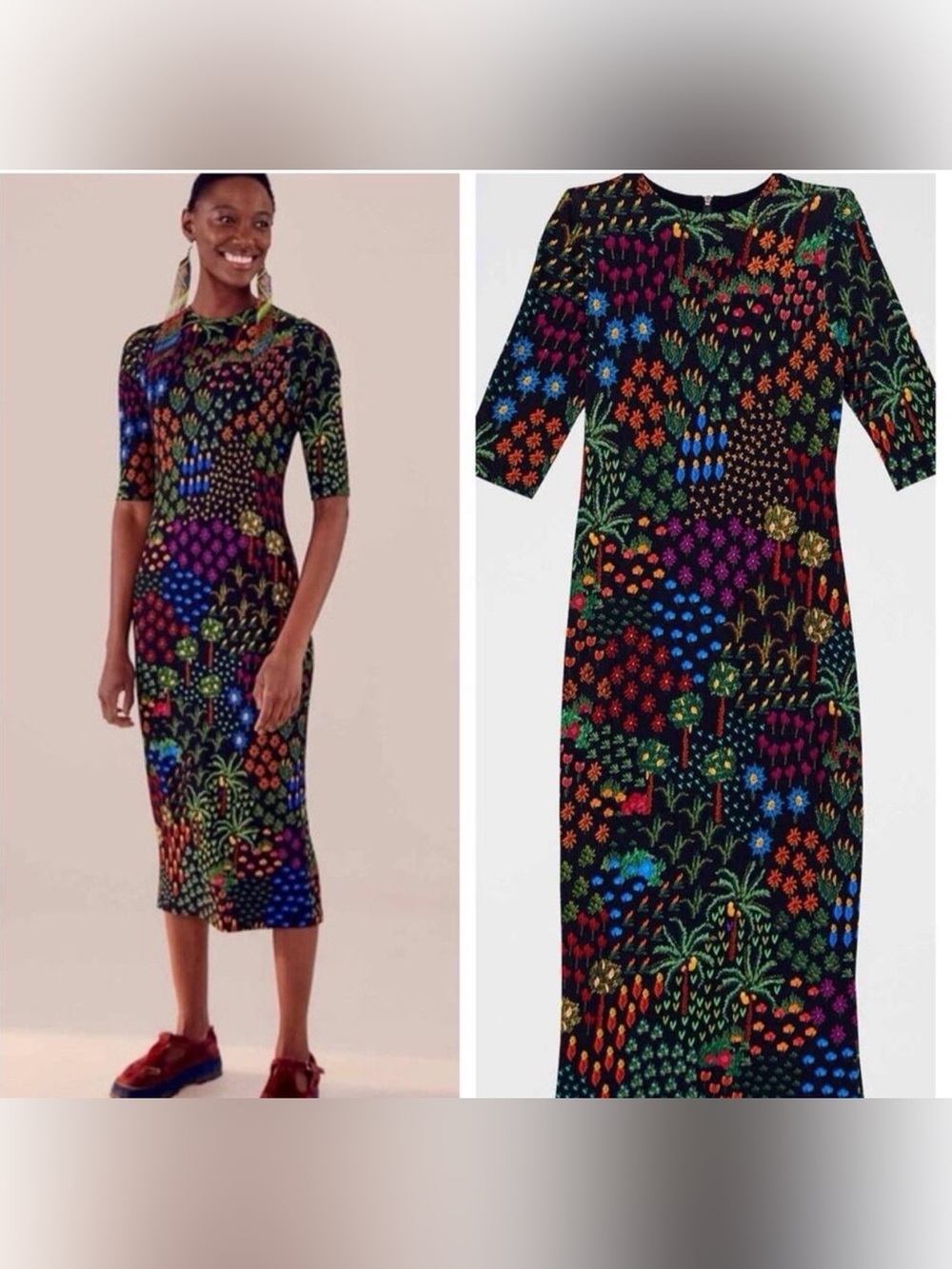 FARM Rio Black Multicolor Botanical Print Midi Dress